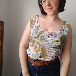 Vintage Pastel Floral Watercolor Pansy Print Textured Tank Top